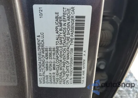 2021 Honda Accord Exl из США, поврежденный, VIN 1HGCV1F5XMA117058